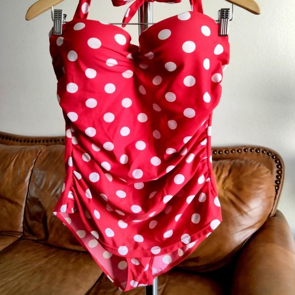 COCOSHIP Pin Up Girl Red and White Polka Dot One Piece Suit Wired bra Size 3X - Picture 5 of 7